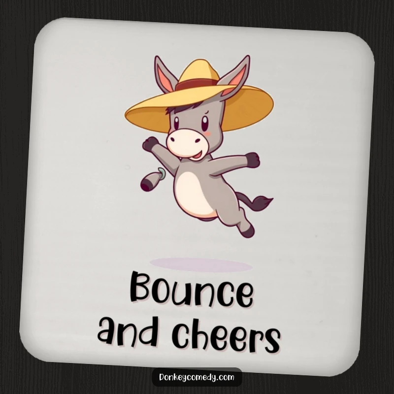 Funny bouncy donkey wearing a straw hat, jumping, on a protective drink coaster, a humorous household gift.