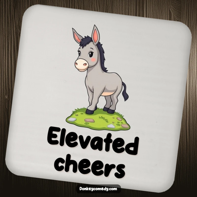 Funny proud donkey standing on a grassy mound, on a protective drink coaster, a humorous household gift.