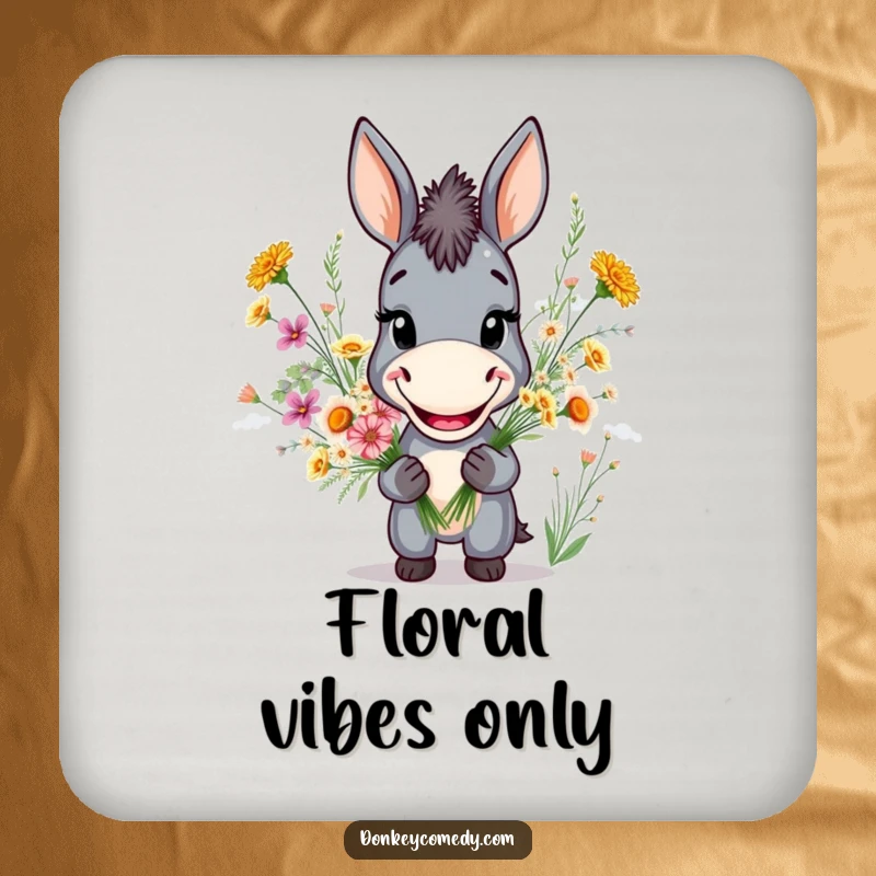Funny drink coaster with a grinning donkey holding a wildflower bouquet, protecting surfaces with style.