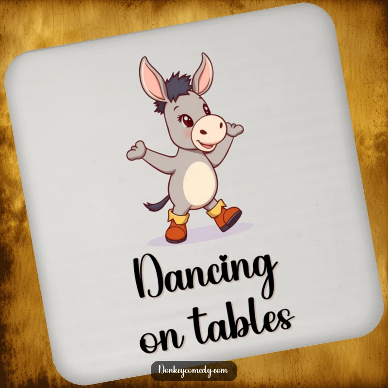 Funny drink coaster with a donkey in tiny boots performing a jig, ideal for protecting surfaces humorously.