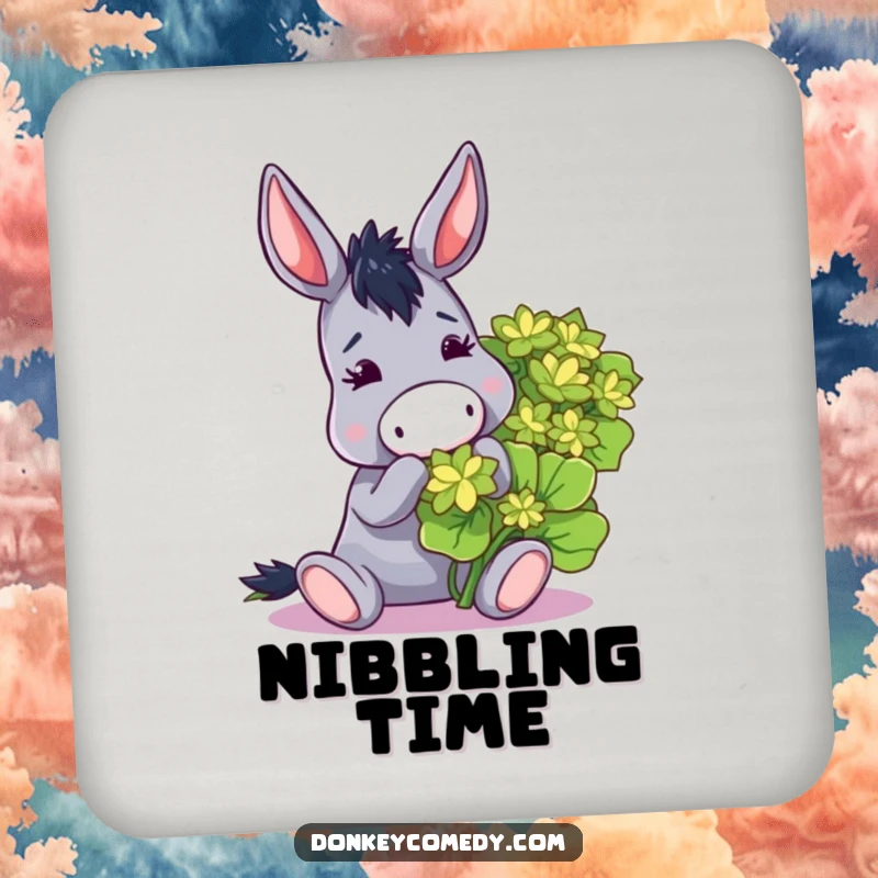 Funny drink coaster with a donkey playfully nibbling a giant clover, adding humor to any table.