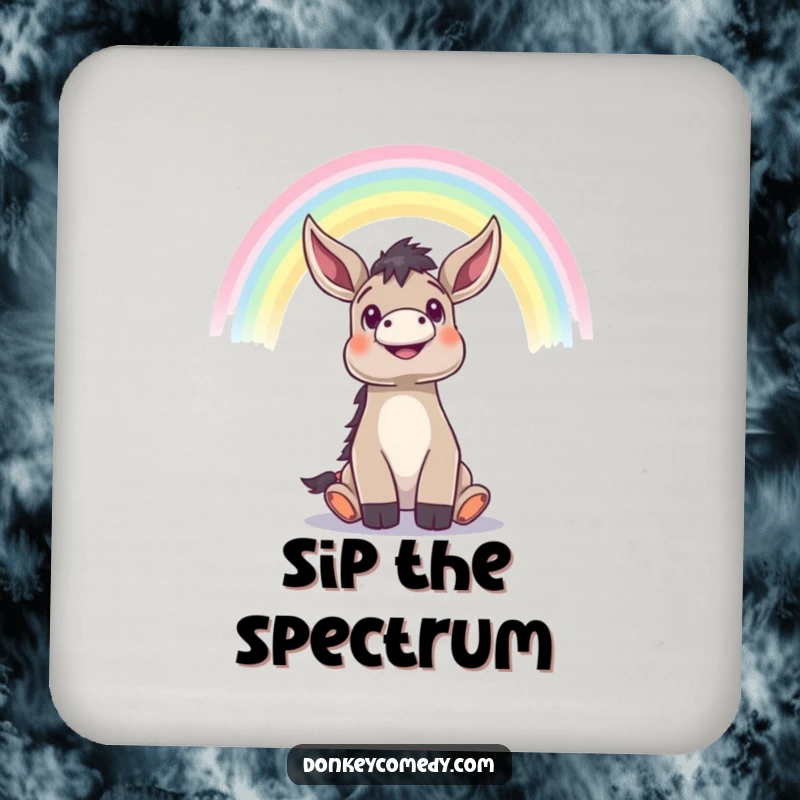Funny donkey looking up with wonder at a rainbow, humorous and protective drink coaster.