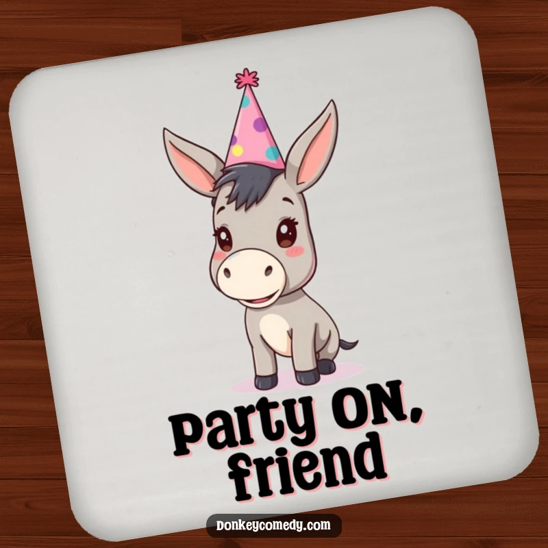 Funny kawaii donkey with an oversized party hat on a drink coaster, protecting surfaces with festive humor.