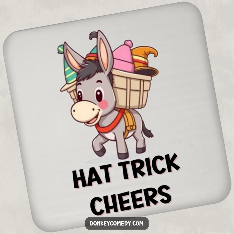 Funny drink coaster featuring a happy donkey carrying a load of funny hats, offering surface protection with donkey humor.