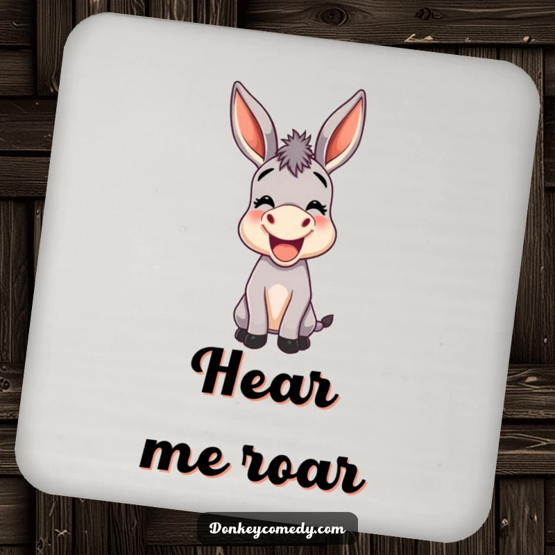 Funny drink coaster featuring a joyful donkey with oversized ears braying, offering surface protection with donkey humor.