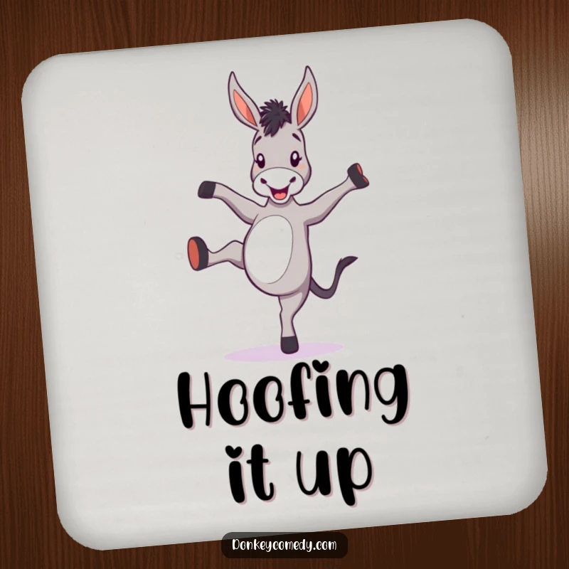 Funny donkey coaster showing a cartoon donkey kicking its heels, adding a humorous touch to tabletops.