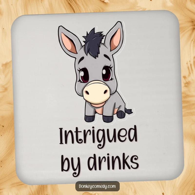 Funny drink coaster with a donkey performing a curious head tilt, great for protecting surfaces humorously.