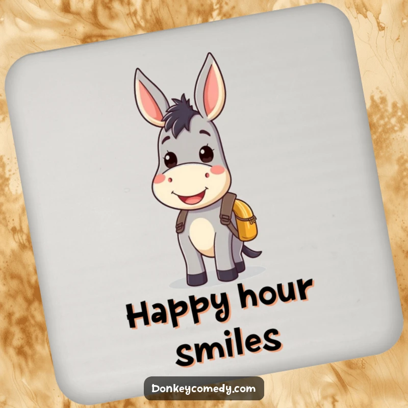 Kawaii donkey drink coasters featuring a smiling donkey with a small backpack, adding a cute and cheerful touch to beverage protection.