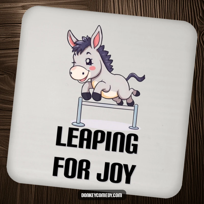Funny drink coaster with a donkey in a dynamic leap over a hurdle, perfect for protecting surfaces humorously.