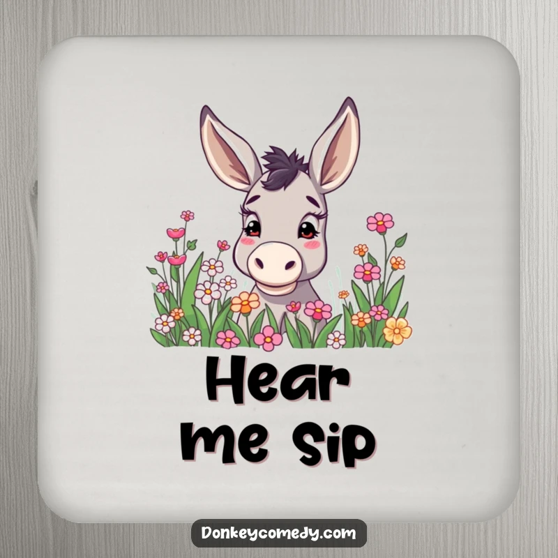 Funny donkey with ears high, curiously peering into a flower patch, a delightful and charming detail on a drink coaster.