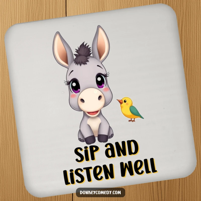 Funny drink coaster featuring a donkey with big, curious eyes listening to a chirping bird, protecting surfaces with gentle humor.