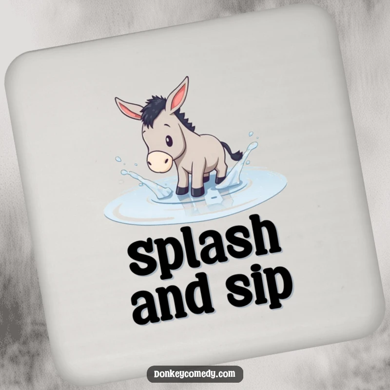 Funny drink coaster with a donkey gleefully splashing in a shallow puddle, perfect for adding playful decor.