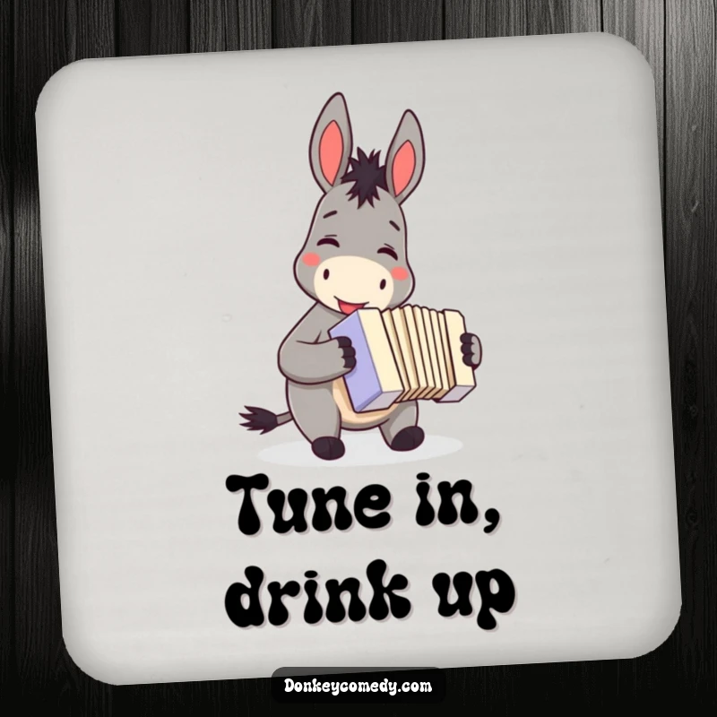 Funny donkey accordion drink coaster, smiling while playing a small accordion, bringing musical cheer to any table.