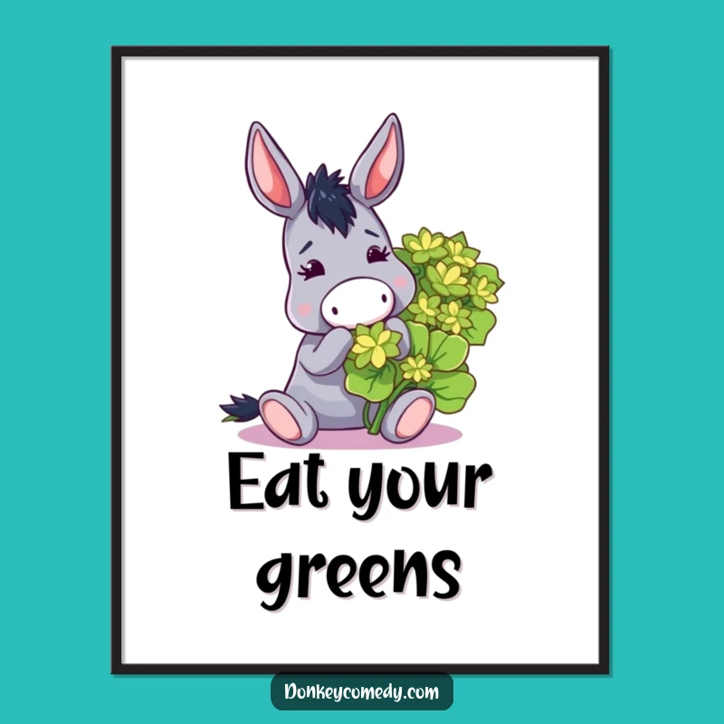 Funny Donkey Nibbling Clover Poster - Quirky Wall Art & Gift