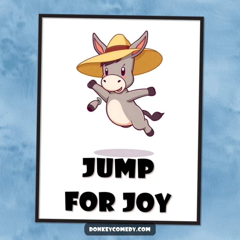 Funny bouncy donkey wearing a straw hat, jumping high, depicted on a poster, a humorous and vibrant art gift.