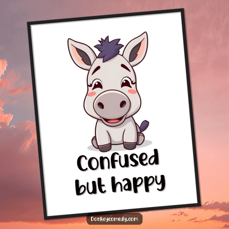 Funny kawaii donkey with a confused but delighted expression on a poster, adding humorous and relatable art.