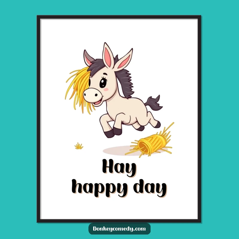 Funny Donkey Bounding Hay Poster, Lively Wall Art Gift