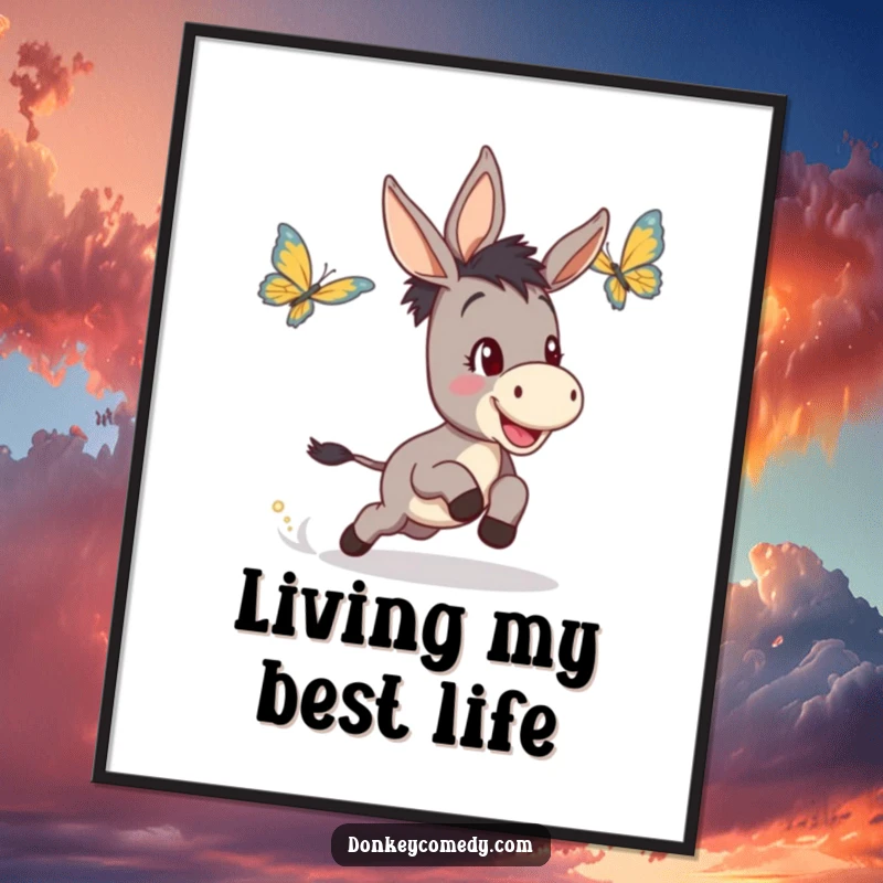 Funny poster art depicting a determined yet happy donkey playfully chasing a small, fluttering butterfly in a vibrant outdoor setting.