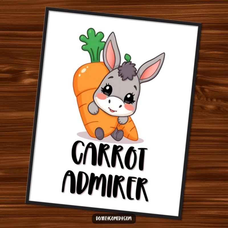 Funny donkey carrot poster, a character peeking from behind a large ripe carrot, adding cartoon mischief to decor.