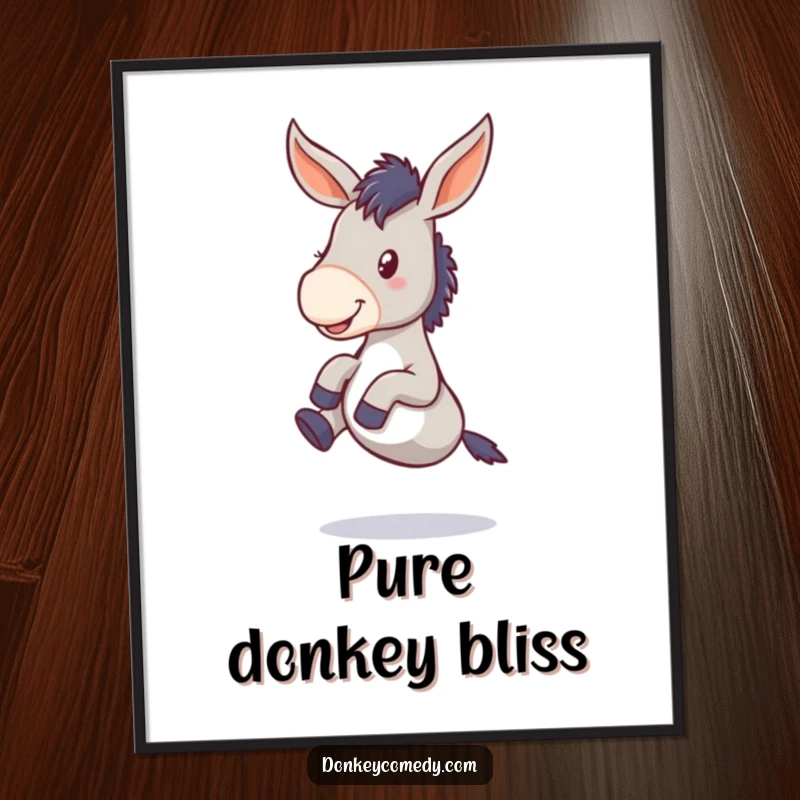 Funny donkey poster showcasing a floppy-eared creature joyfully kicking its legs, creating a whimsical and humorous artistic statement.