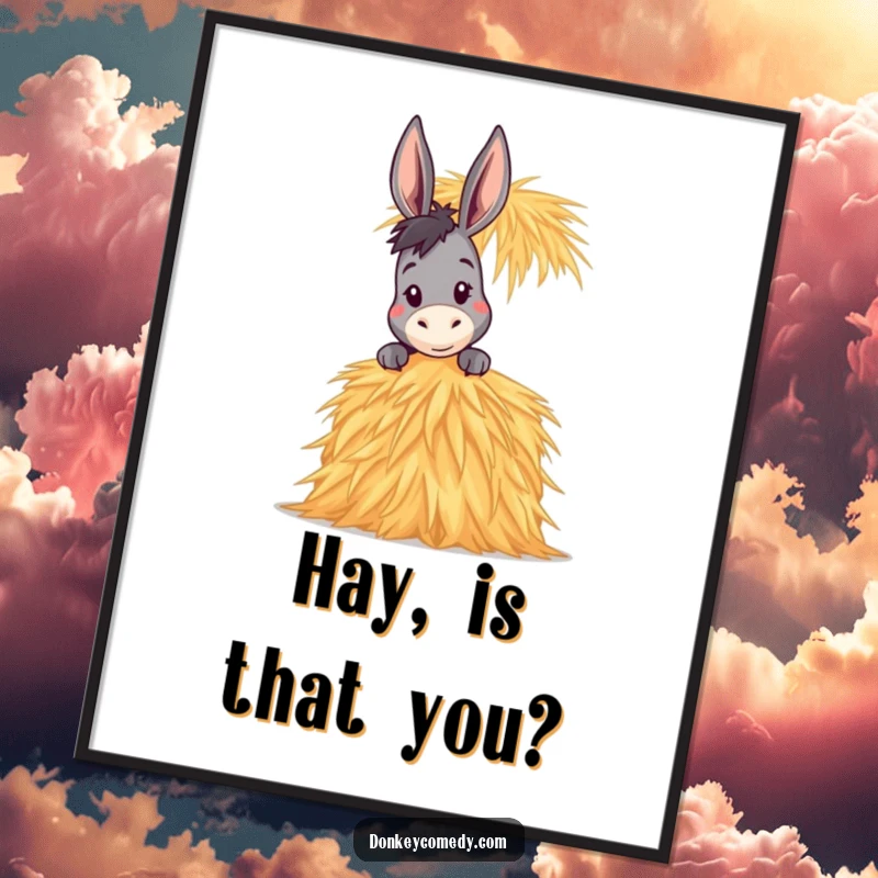 Funny Donkey Poster showing a donkey curiously peeking over a very tall stack of hay, adding humorous charm to walls.