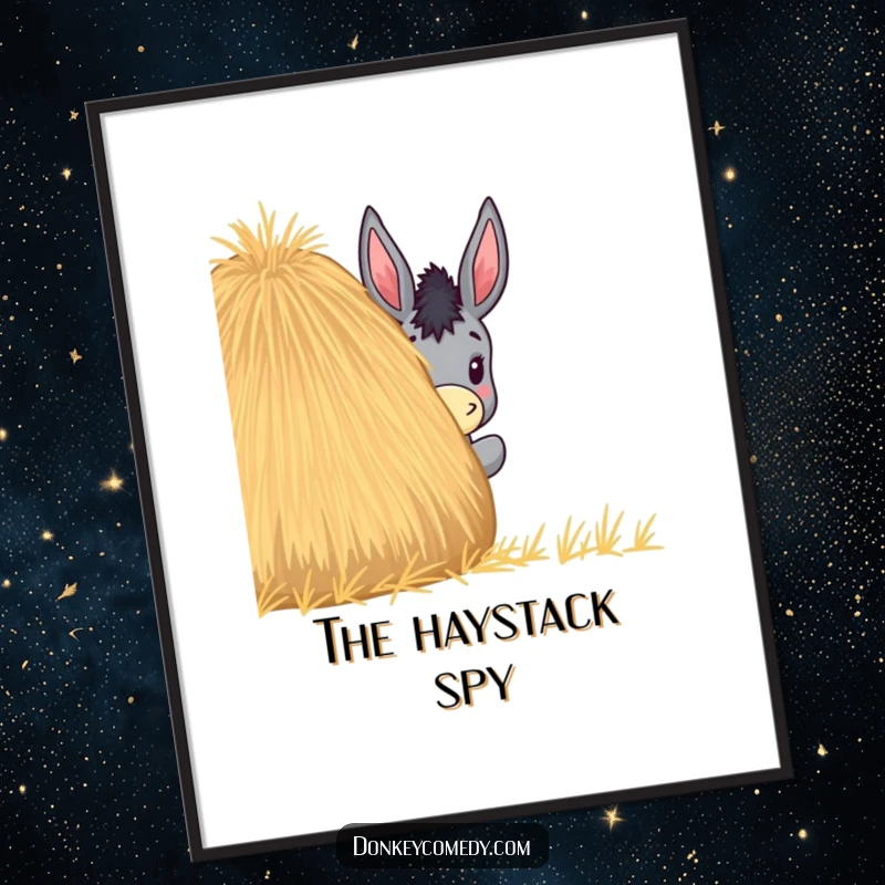 Funny poster art of a curious donkey peeking its head out from behind a large, round haystack, creating a humorous scene.