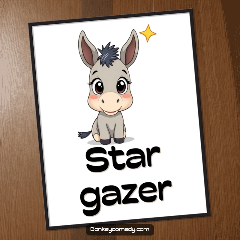 Funny Donkey Star Gazing Poster: Wall art depicting a donkey with wide, curious eyes contemplating a distant star, for funny inspiration.