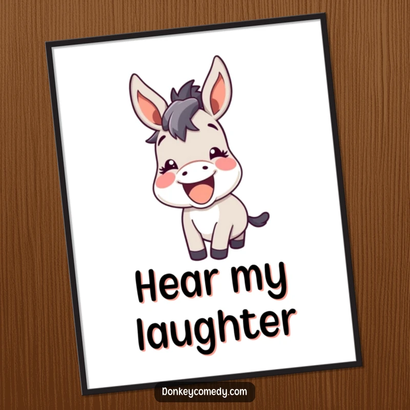 Funny kawaii donkey with perked ears, braying happily with amusement, depicted on a vibrant poster.