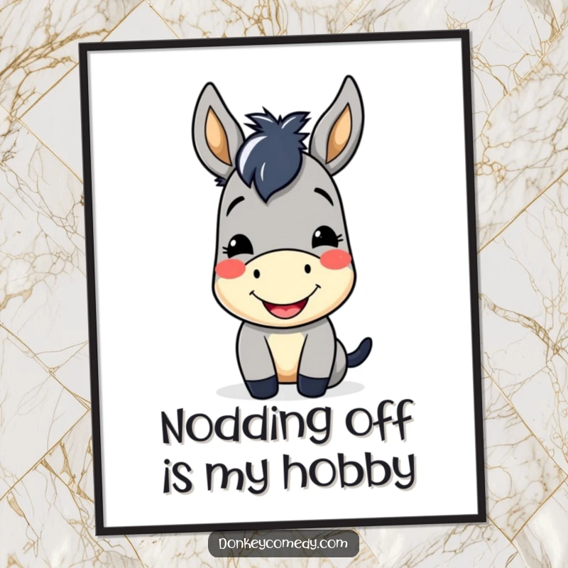 Funny Kawaii Donkey Poster displaying a cute donkey with a cheerful smile and friendly nod, ideal wall art.