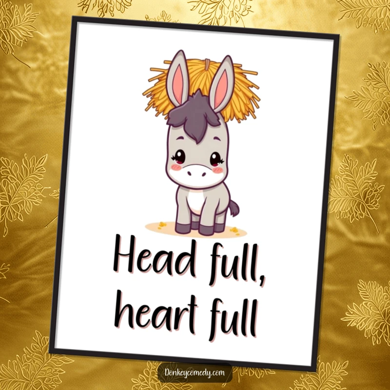 Funny kawaii donkey poster showcasing a cute donkey with an impressive stack of hay balanced perfectly on its head, looking content.