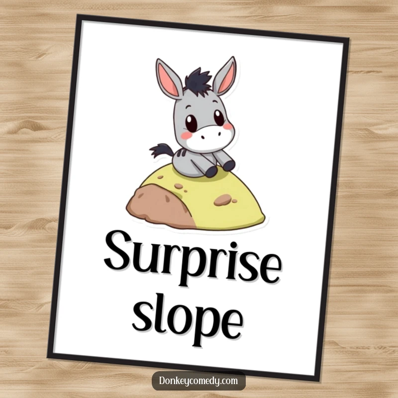 Funny donkey slide poster, sliding down a hill with a wide-eyed surprised face, perfect for adding comical action to wall decor.