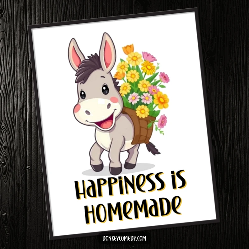 Funny poster of a donkey with a wide, cheerful grin happily carrying a large load of colorful, blooming flowers.