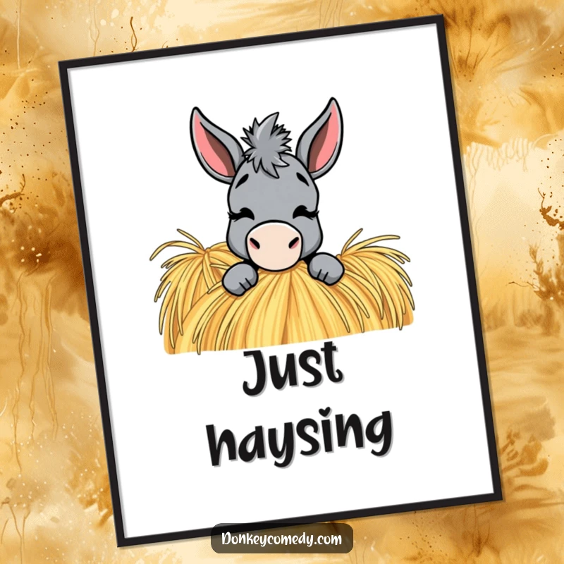 Funny Donkey Poster: A donkey winks playfully from behind a haystack, bringing a humorous farm scene.
