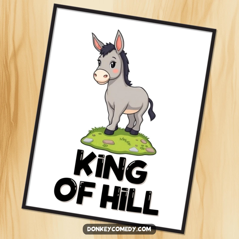 Funny proud donkey standing on a small grassy mound, depicted on a poster, a humorous and charming art gift.