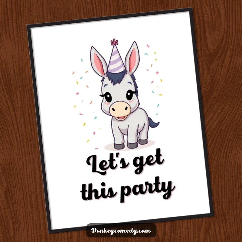 Funny donkey adorned with a small party hat, surrounded by a shower of confetti, a humorous and festive wall art.