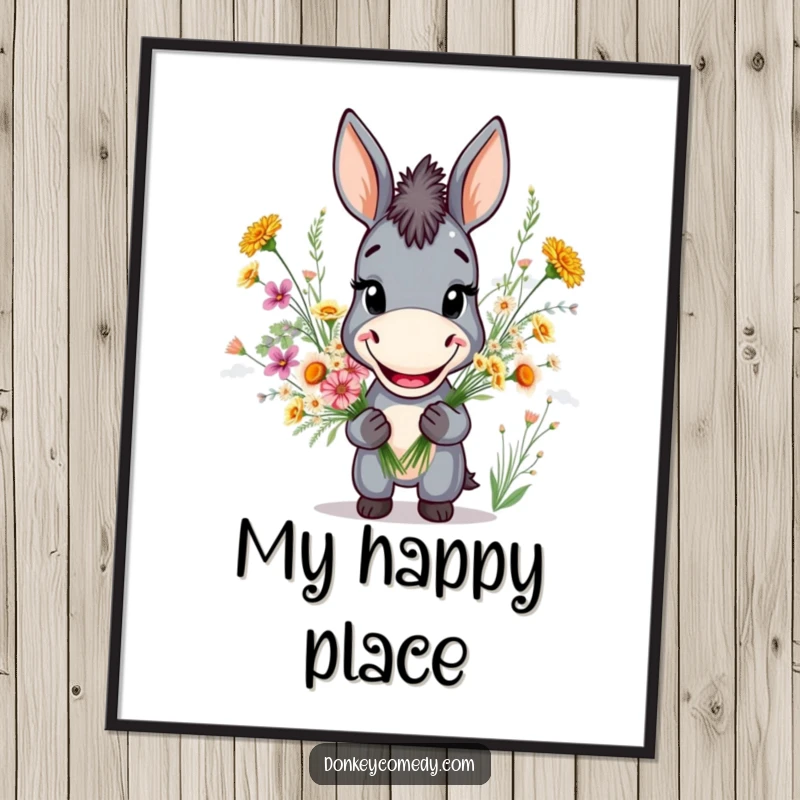 Funny poster of a happy donkey holding a beautiful bouquet of wildflowers, adding a touch of humor to decor.