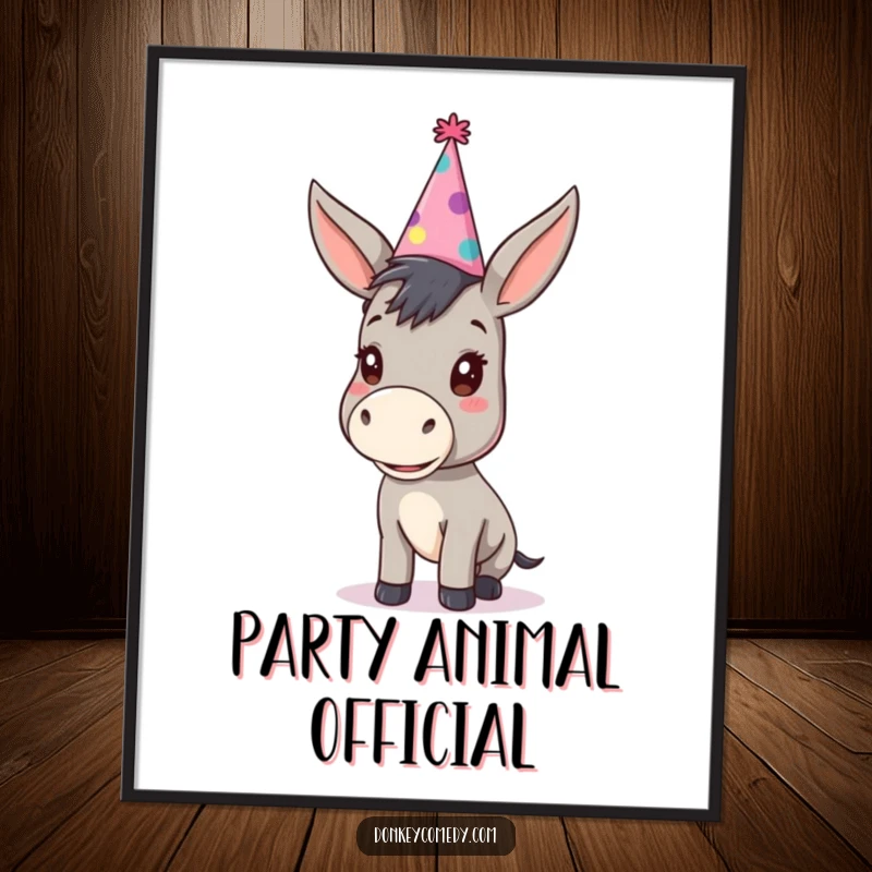 Funny kawaii donkey in a large party hat displayed on a poster, adding humorous and festive charm to walls.