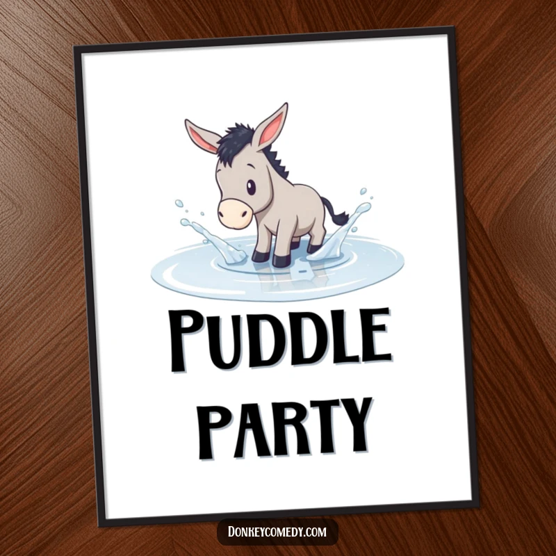 Funny poster art depicting a donkey joyfully splashing in a shallow water puddle, capturing a moment of pure, playful fun.