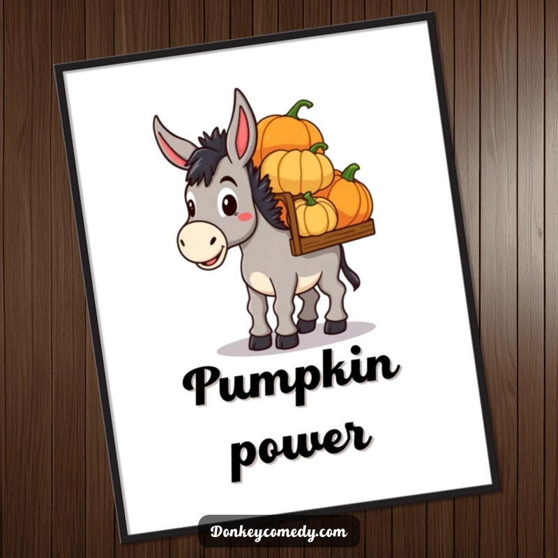 Funny Donkey Pumpkin Haul Poster: Wall art of a determined donkey carrying a load of colorful pumpkins, perfect for funny fall decoration.