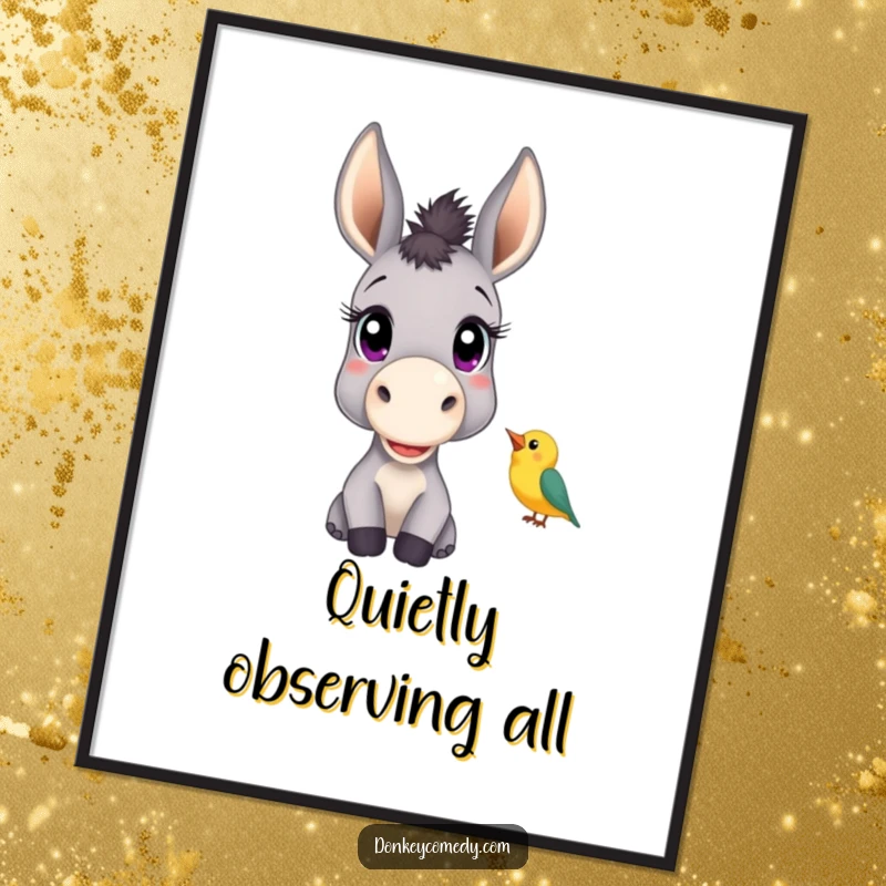 Funny poster of a donkey with wide, curious eyes attentively listening to a small chirping bird, creating a peaceful scene.
