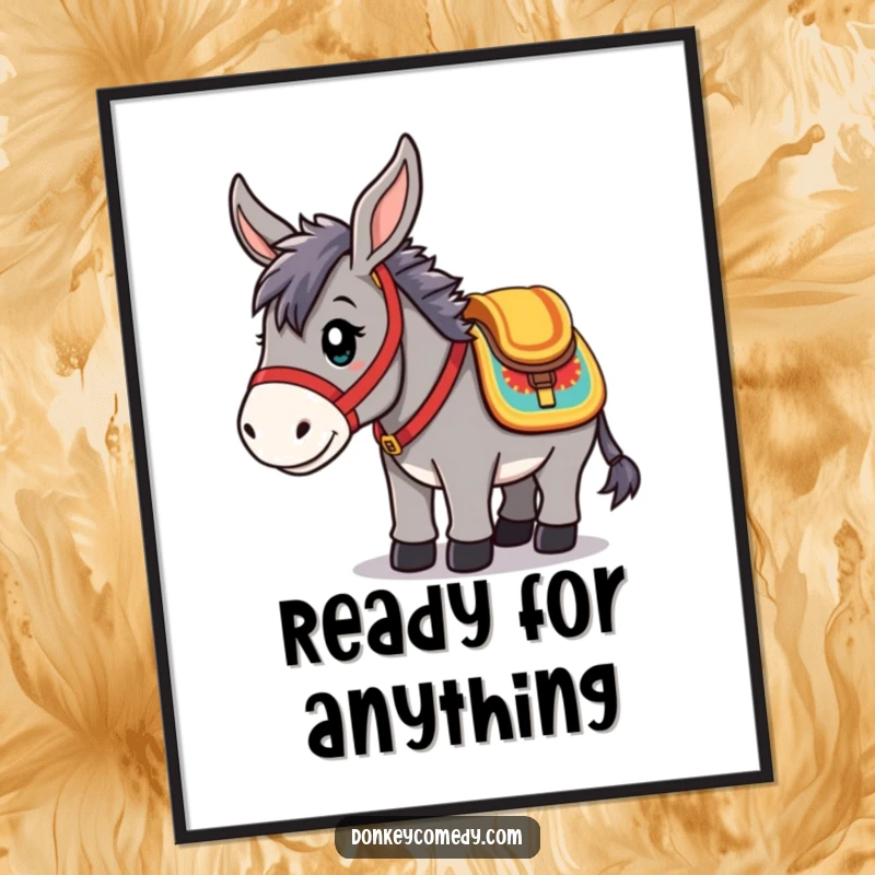 Funny Poster of a kawaii donkey in a colorful saddle, looking ready for adventure, embodying cute humor.