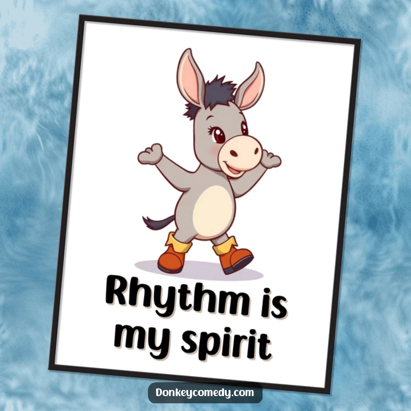 Funny poster print of a donkey wearing cute boots, performing a spirited jig, bringing whimsical charm to any room.