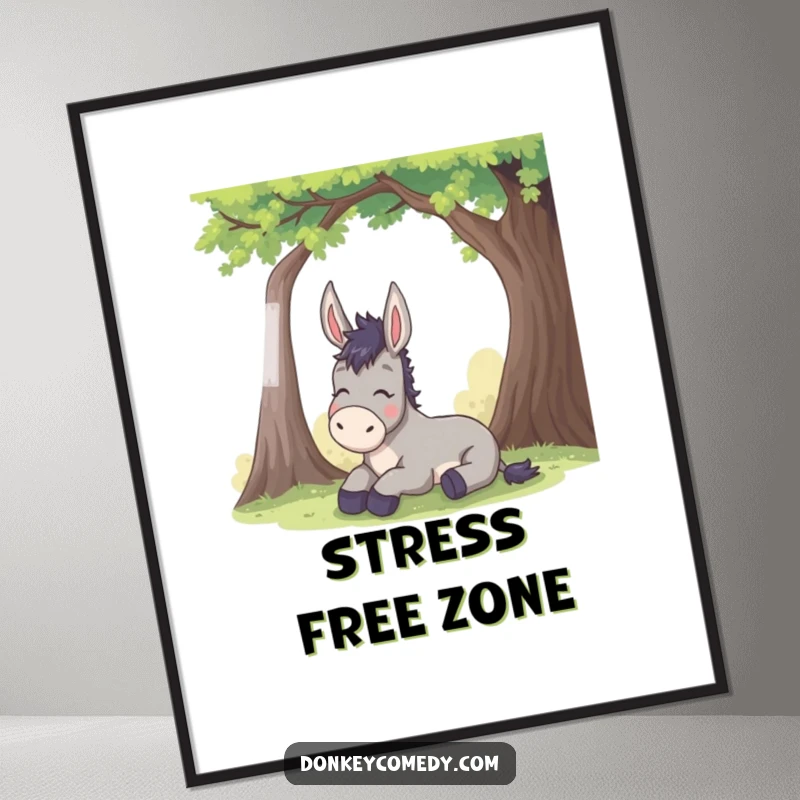 Funny donkey poster art depicts a mule finding bliss and relief under a shady tree, radiating calm and good humor.