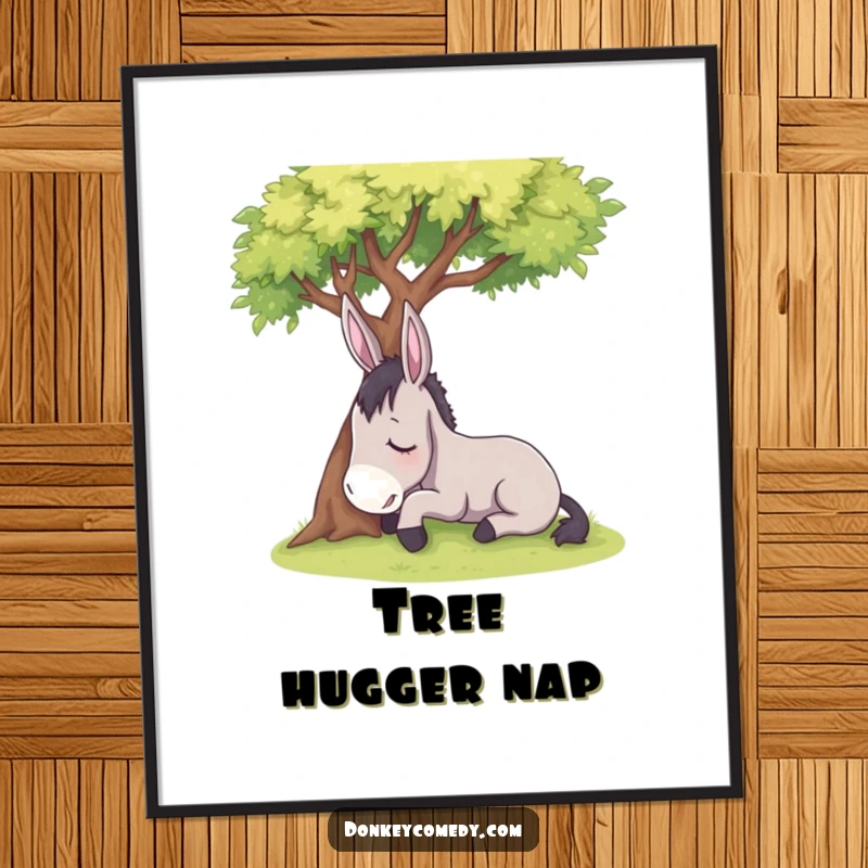 Funny sleepy donkey resting under a shady tree, depicted on a poster, a humorous and tranquil art gift.