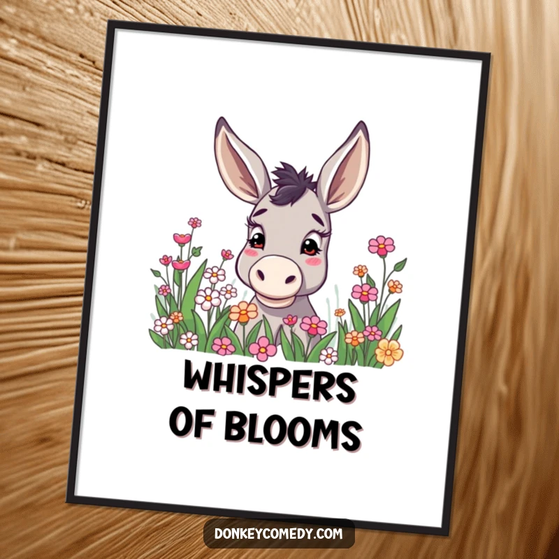 Funny donkey with ears alert and high, curiously peering into a richly detailed flower patch, presented as captivating wall art.