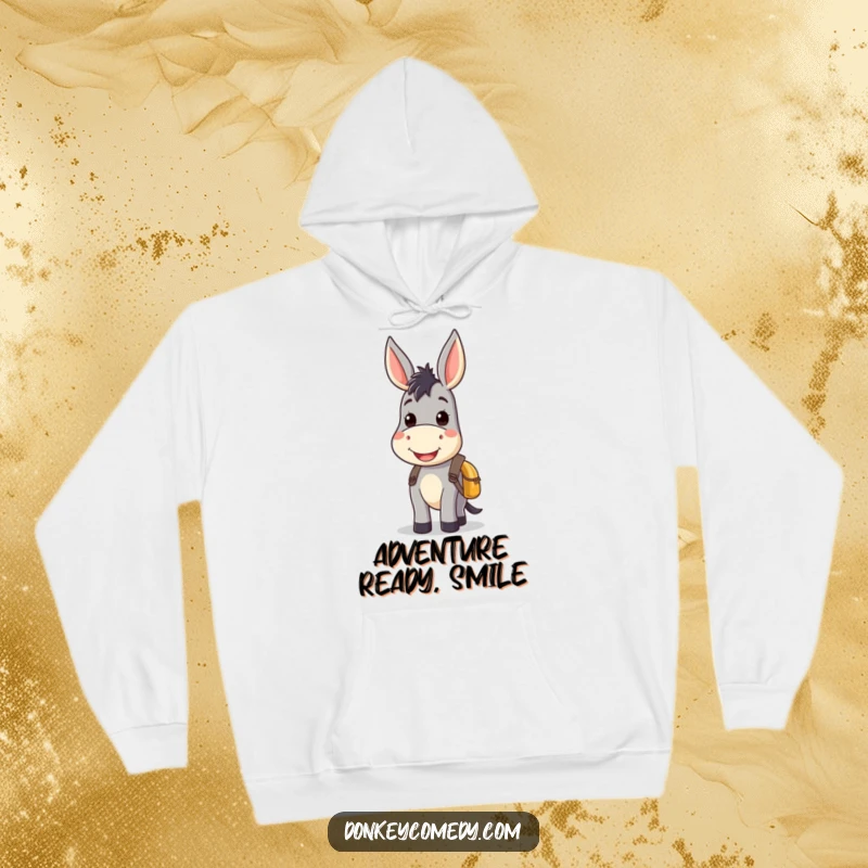 Kawaii donkey hoodie featuring a wide-smiling donkey with a small backpack, offering cozy comfort and a dose of adorable happiness.