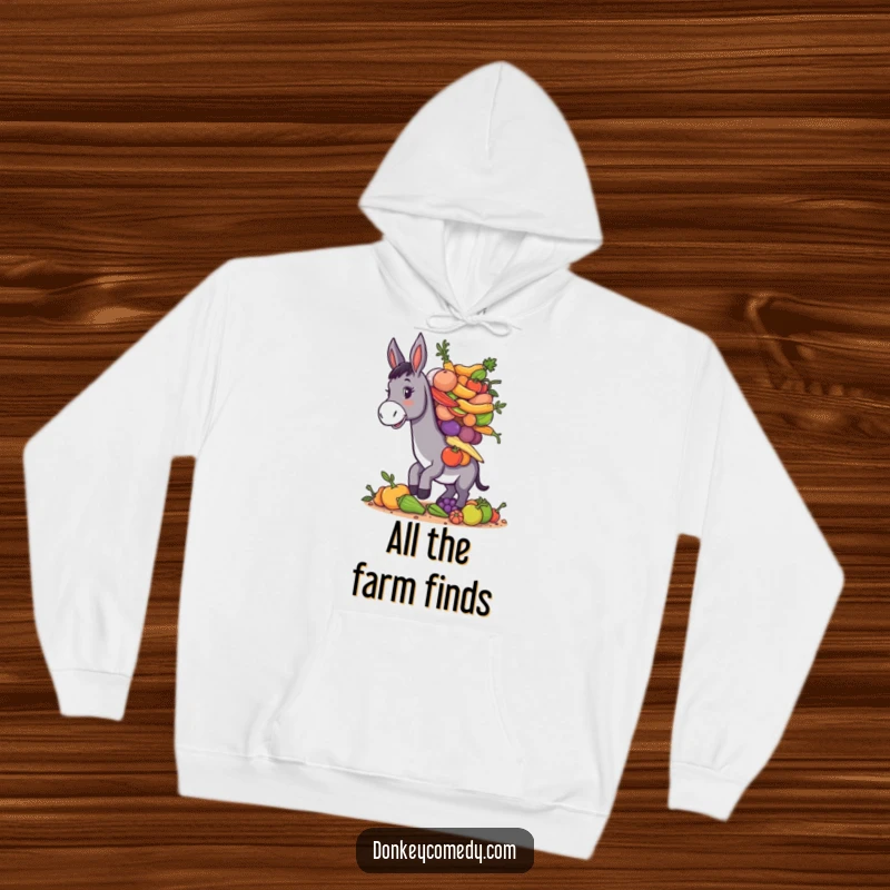 Funny donkey with a huge pile of farm produce balanced on its back, cozy and humorous hooded sweatshirt.