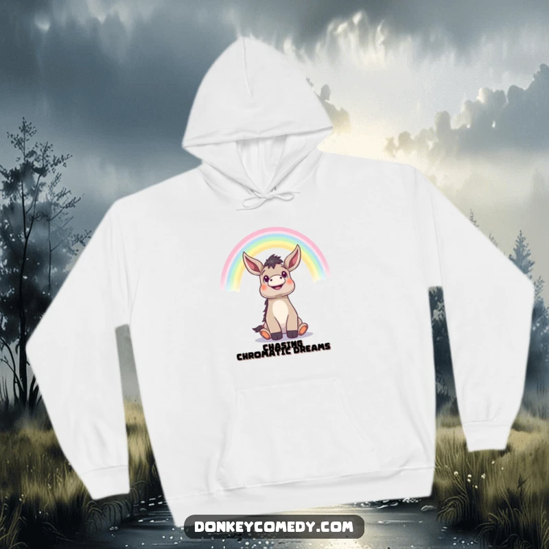 Funny donkey looking up with wonder at a colorful rainbow, cozy and inspiring hooded sweatshirt.