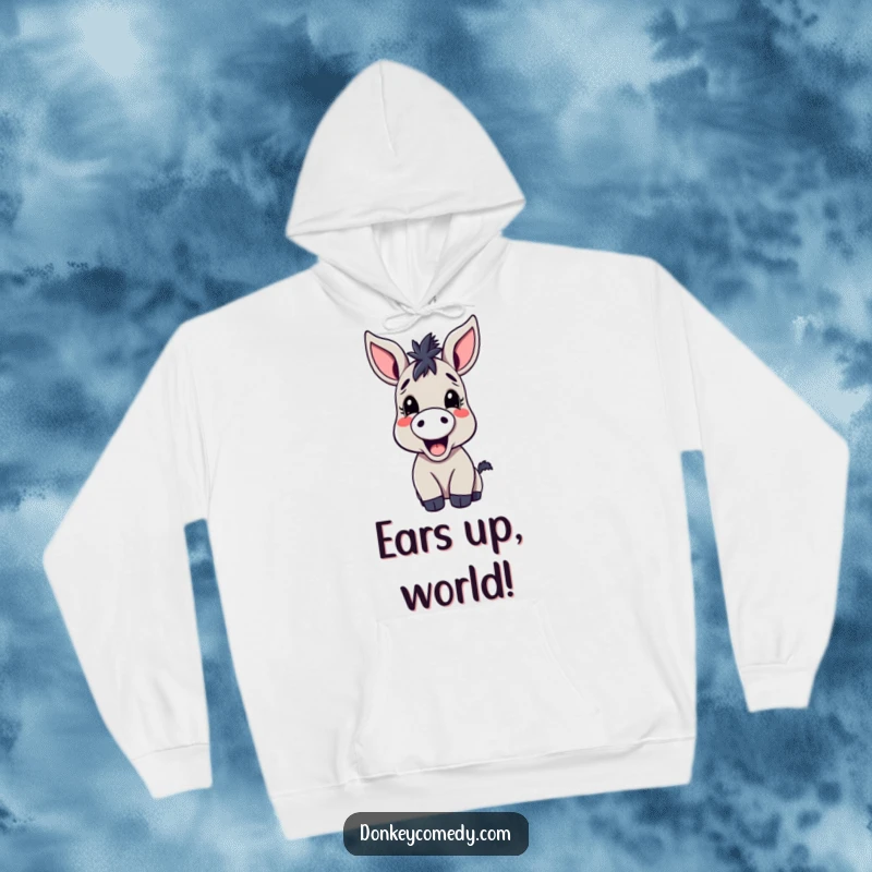 Funny kawaii donkey hoodie, depicting a large-eared donkey joyfully braying, offering warmth and cartoon humor.