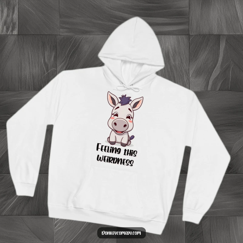 Funny kawaii donkey with a confused but delighted expression on a cozy hoodie, perfect for humorous comfort.